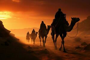 beim Sonnenuntergang, Kameltreiber führen Kamele durch das malerisch thar Wüste ai generiert foto