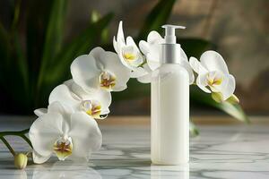 ein Weiß Orchidee blüht neben ein Flasche von feuchtigkeitsspendend Lotion ai generiert foto