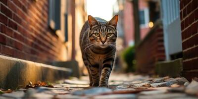 ai generiert. ai generativ. einer einsam Katze Haustier Gehen Straße Stadt städtisch Hintergrund. Grafik Kunst foto