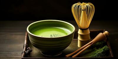 ai generiert. ai generativ. traditionell japanisch asiatisch Matcha Tee Zeremonie. Schüssel, hölzern trocken organisch Löffel Pulver. Grafik Kunst foto