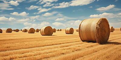 ai generiert. ai generativ. Herbst Landschaft Ernte Landwirtschaft runden Ballen Stapel. draussen Natur Landschaft. Grafik Kunst foto