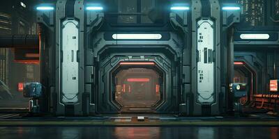 ai generiert. ai generativ. futuristisch Raum Schiff Galaxis Außerirdischer Tür Tor Eingang sci fi Konzept Neon- Innen- die Architektur. Grafik Kunst foto