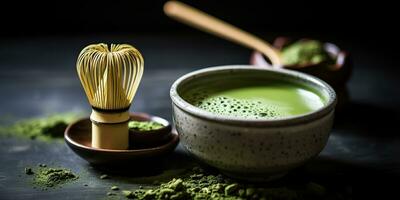 ai generiert. ai generativ. traditionell japanisch asiatisch Matcha Tee Zeremonie. Schüssel, hölzern trocken organisch Löffel Pulver. Grafik Kunst foto