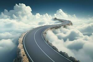 Antenne Autobahn unter Wolken abgebildet im ein 3d Transport Anzeige ai generiert foto