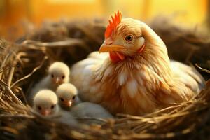 ein Licht rot behaart Mutter Hähnchen zärtlich kümmert sich zum ihr flauschige Küken im ein Heu Nest ai generiert foto