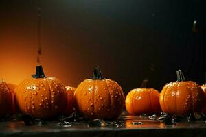 Halloween thematisch Hintergrund mit unheimlich Melonen, Ideal zum Hinzufügen Text ai generiert foto