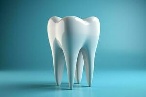 Dental Pflege symbolisiert durch perfekt Zahn Modell- auf Blau, minimalistisch Zahnheilkunde Konzept ai generiert foto