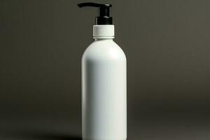 Einfachheit im Design Weiß Pumpe Flasche gegen grau Hintergrund ai generiert foto
