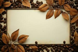 Jahrgang Cafe Vorlage mit Aquarell Kaffee Bohnen und Blätter auf ein rustikal Hintergrund ai generiert foto