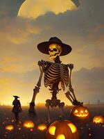 Halloween Skelett mit Cowboy Hut im Kürbis Patch Nacht. generativ ai foto