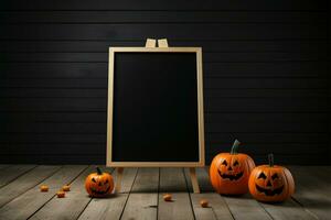 Tafel Stand, Halloween Kürbisse, hölzern Boden, auf ein dramatisch schwarz Hintergrund ai generiert foto