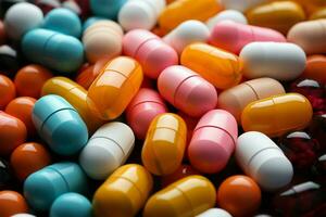 Haufen von Pillen, verschiedene Farben, verpackt im Plastik medizinisch Sortiment gekapselt ai generiert foto