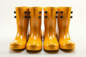 isoliert Schuhwerk, Array von Gelb Regen Stiefel steht aus gegen Weiß Hintergrund ai generiert foto
