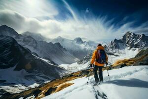 ein Rucksack gekleidet Mann Blicke beim ein majestätisch Berg Panorama voraus ai generiert foto