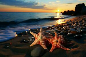 Sonnenuntergänge umarmen, zwei Seestern finden Ruhe auf sandig Strand durch still Meer ai generiert foto