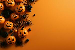 kreativ vereinbart worden Halloween Dekor auf ein Orange Papier Tabelle Hintergrund von über ai generiert foto
