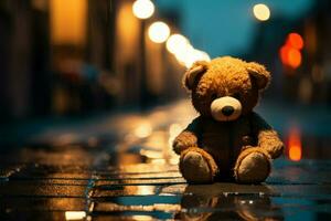 ein traurig Teddy Bär sitzt allein auf ein regnerisch Nacht Straße ai generiert foto