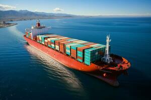 Container Schiff beim Meer bedeutet importieren Export, Logistik, angesehen von Antenne Perspektive ai generiert foto