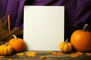 Kürbisse neben ein leer Papier perfekt zum Ihre Herbst Nachrichtenübermittlung ai generiert foto