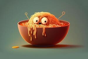 süß Karikatur Schüssel von Spaghetti Charakter, generativ ai foto