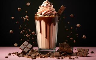 Schokolade Shake mit dekadent Brocken, generativ ai foto