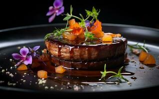 Foie gras Gourmet Gericht mit Reich rot Soße generativ ai foto