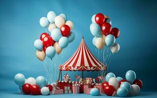 Zirkus Schauspiel Luftballons und Süßigkeiten unter das groß Spitze, generativ ai foto