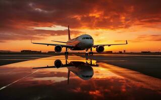 Flugzeug gleiten auf Runway beim Sonnenuntergang, generativ ai foto