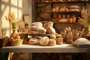 Sanft Farbtöne von das Brot und Bäckerei Produkte im das Anzeige, generativ ai foto
