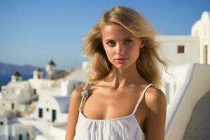 ein verlockend 23 Jahre alt blond Frau auf Santorini Insel, generativ ai foto
