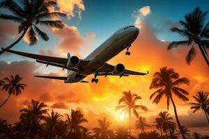 Flugzeug hochfliegend über Palme Bäume gegen ein klar Sonnenuntergang Himmel, generativ ai foto