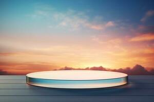runden Glas Tabelle inmitten das Schönheit von ein Sonnenuntergang Himmel, generativ ai foto