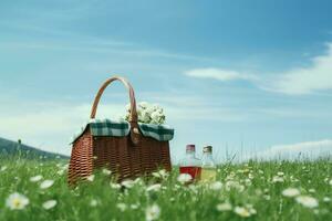 Wochenende Familie Picknick Korb im ein Grün Feld, generativ ai foto
