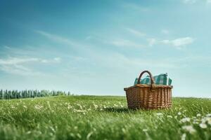 Wochenende Familie Picknick Korb im ein Grün Feld, generativ ai foto