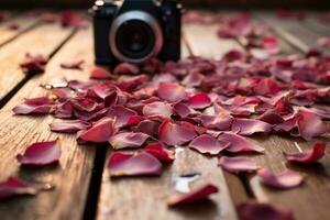 realistisch dslr Fotografie von ein extrem Nahansicht klein, leeren hölzern Plattform mit verstreut Rose Blütenblätter, generativ ai foto