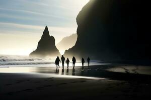 Silhouetten von Touristen genießen das schwarz Sand Strand und Ozean Wellen, generativ ai foto