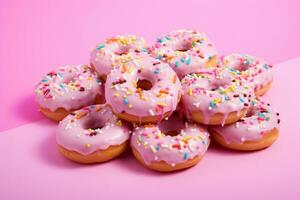 köstlich Sortiment von Donuts mit bunt Sträusel auf Spitze, generativ ai foto