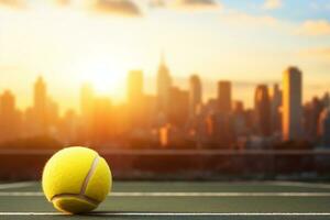 Tennis Banner mit ein Gelb Tennis Ball auf ein verschwommen Hintergrund, generativ ai foto