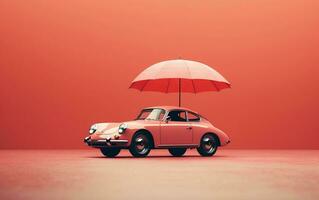 modern rot Auto Modell- unter ein Weiß Regenschirm, generativ ai foto