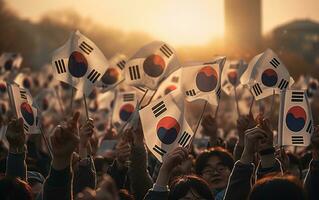 Süd Koreanisch Menge winken Süd Koreanisch Flagge, generativ ai foto