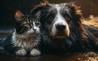 obdachlos Katze und Hund ruhen zusammen im nass Umfeld, generativ ai foto