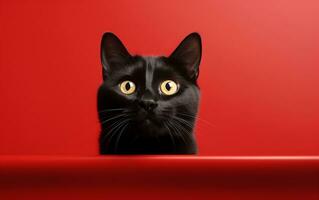 erstaunt schwarz Katze breit Augen und öffnen Mund, generativ ai foto