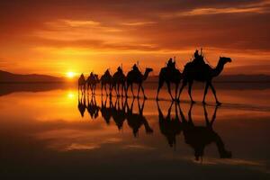 Silhouette von Treiber führen ein Wohnwagen von Kamele auf das Pfad. generativ durch ai foto