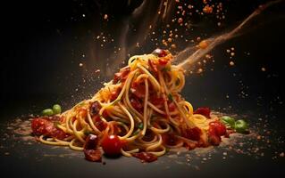 Pasta Perfektion Spaghetti Amatriciana im ein visuell Meisterwerk. generativ durch ai foto