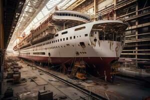 Werft Versammlung basteln Kreuzfahrt Liner im ein Versammlung Werkstatt. generativ durch ai foto