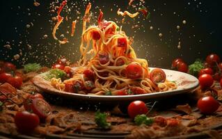 frech Schauspiel fallen Tomate Soße auf Pasta Platte. generativ durch ai foto