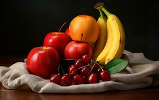 drei köstlich Früchte im einer Liste. generativ durch ai. foto
