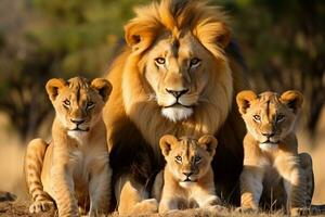 Gruppe von Löwen im das wild - - heiter Savanne Szene. generativ durch ai foto