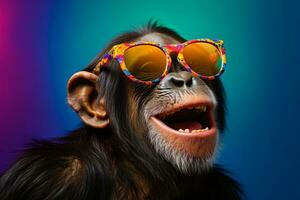 Schimpanse schick - - komisch Schimpanse schaukeln Sonnenbrille im Studio. generativ durch ai foto