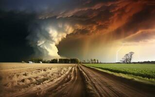 der Natur Kontrast - - Tornado und Regenbogen nach das Sturm. generativ durch ai foto